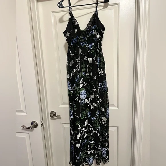Lulu’s black chiffon dress w/green, silver & ashy blue velvet details, size XL. - Picture 2 of 5